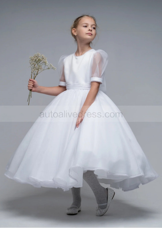 Beaded Short Sleeves White Organza Tea Length Flower Girl Dress